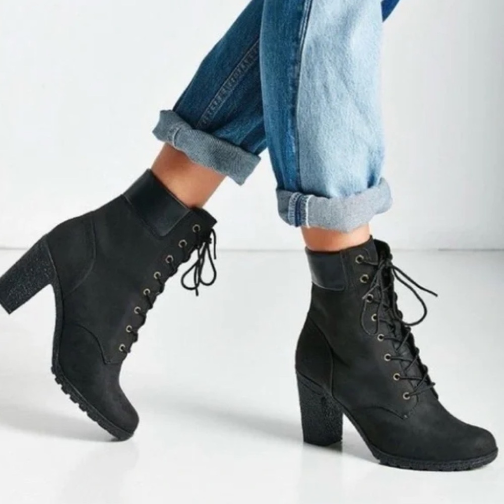 Timberland Black Lace-Up Heeled Ankle Boots